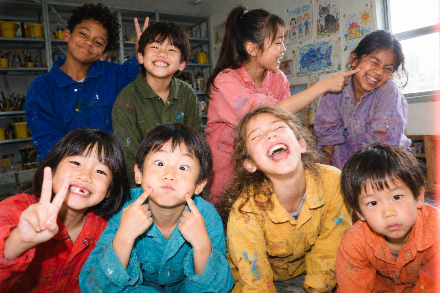 Group photo of children in smocks