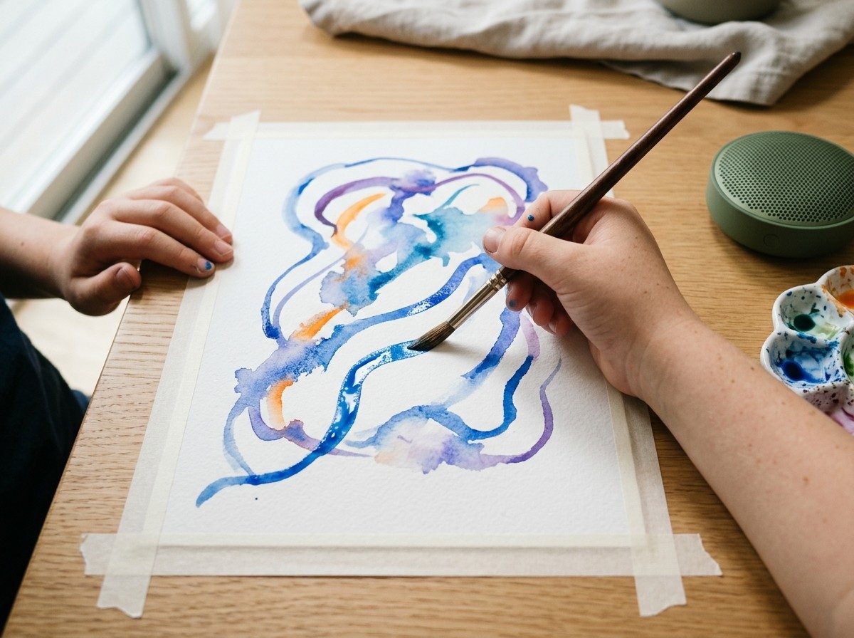 Hands drawing lines in watercolour while listening to music (illustrative)
