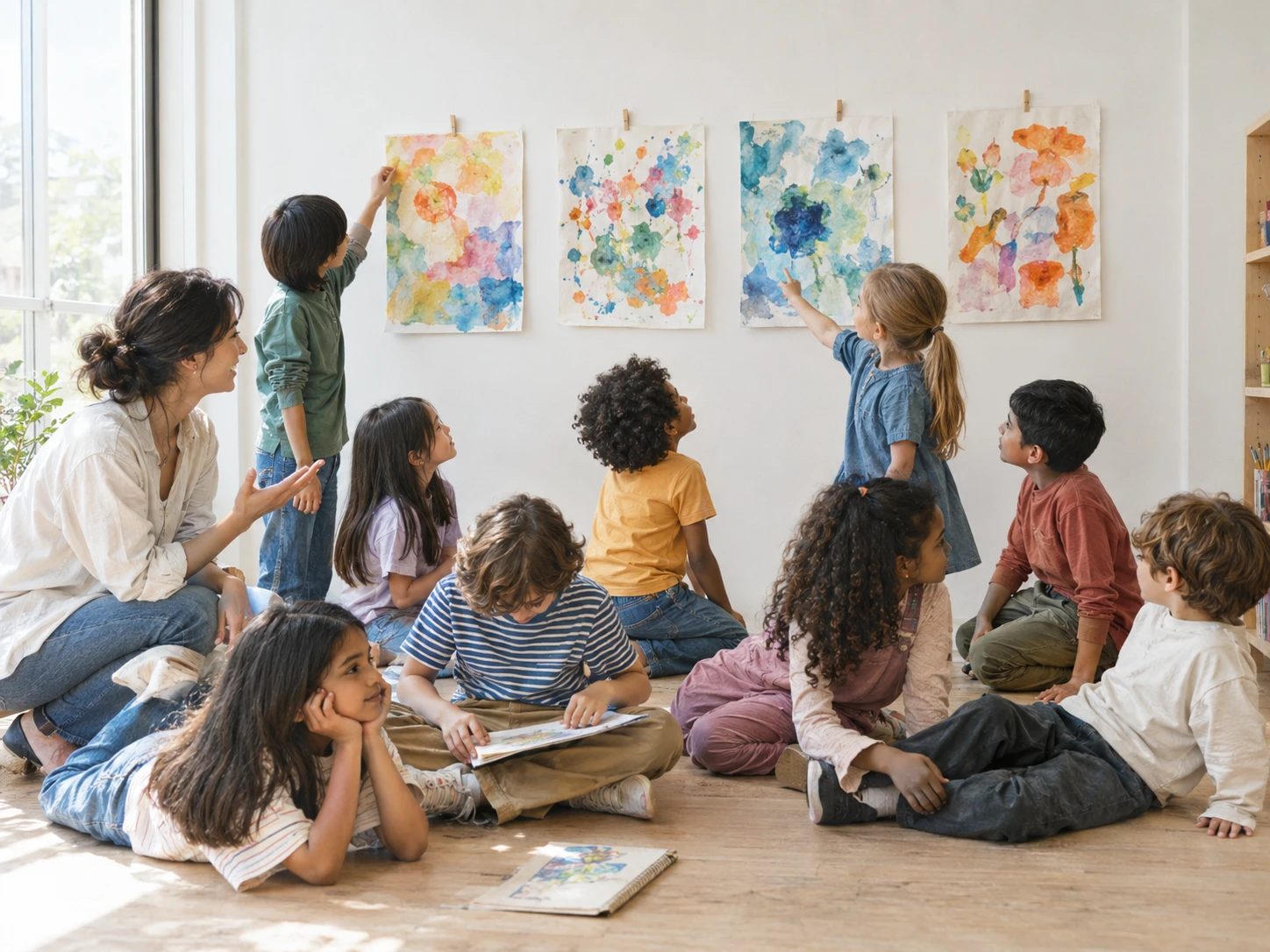 Children looking at watercolour paintings on the wall (illustrative)